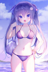 Rule 34 | 1girl, :d, armpit crease, bare shoulders, bikini, blush, breasts, breasts apart, choppy bangs, cloud, cloudy sky, collarbone, commentary, cowboy shot, cowlick, d omm, dot nose, drawstring bag, evening, fang, flower, gold bracelet, hair between eyes, hair flower, hair ornament, highres, holding, holding own hair, long hair, looking at viewer, medium breasts, navel, ocean, open mouth, original, purple bikini, purple hair, purple theme, sidelocks, skin fang, sky, smile, solo, stomach, straight-on, string bikini, sunset, swimsuit, symbol-only commentary, thighs, twintails, white flower