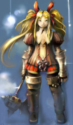 Rule 34 | 1girl, armor, armored dress, blonde hair, full body, gauntlets, glint, green eyes, looking at viewer, orange shirt, radiata stories, ridley timberlake, shirt, standing, thighhighs, twintails