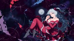 Rule 34 | 1girl, bare shoulders, barefoot, breasts, capelet, cleavage, closed mouth, commentary request, dress, full body, grey eyes, grey hair, hair bobbles, hair ornament, highres, large breasts, long hair, long sleeves, looking at viewer, moon, nukekip, one side up, outdoors, pixel art, red capelet, red dress, shinki (touhou), sky, solo, star (sky), starry sky, touhou, touhou (pc-98)