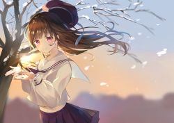 Rule 34 | 1girl, absurdres, backlighting, bad id, bad pixiv id, bare tree, black neckerchief, black skirt, blurry, blurry background, brown hair, closed mouth, commentary, depth of field, english commentary, floating hair, frilled sleeves, frills, gradient sky, hands up, highres, long sleeves, midriff peek, miniskirt, navel, neckerchief, original, outdoors, pink eyes, pleated skirt, purple headwear, sailor collar, shirt, skirt, sky, smile, snow, solo, sunlight, tree, white sailor collar, white shirt, wind, winter, yushima