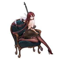 Rule 34 | 1girl, ass, back-seamed legwear, backless outfit, bare back, black dress, black footwear, blue eyes, brown thighhighs, chair, dress, easy chair, from behind, full body, game cg, gun, heel pop, heterochromia, high heels, highres, last origin, long hair, looking at viewer, looking back, official alternate costume, official art, red eyes, red hair, rifle, rorobomb, seamed legwear, sitting, sitting sideways, solo, tachi-e, thighhighs, transparent background, valkyrie (last origin), very long hair, weapon