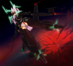 Rule 34 | 1girl, animal ears, antennae, cannon, flying, glasses, gloves, head wings, heidimarie w. schnaufer, highres, hirschgeweih antennas, long hair, military, military uniform, night, oxygen mask, panties, red eyes, sky, solo, star (sky), starry sky, strike witches, striker unit, tail, underwear, uniform, white hair, wings, world witches series, yuukou