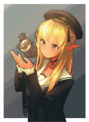 Rule 34 | 1girl, beret, black choker, black headwear, black jacket, blonde hair, braid, cane, choker, closed mouth, commentary, commentary request, cropped jacket, dark-skinned female, dark elf, dark skin, elf, english commentary, french braid, hands up, hat, highres, hololive, jacket, kabanoki, kintsuba (shiranui flare), long hair, long sleeves, looking at another, mixed-language commentary, open clothes, open jacket, orange eyes, outline, parted bangs, pointy ears, sailor collar, shiranui flare, shiranui flare (street), smile, top hat, upper body, virtual youtuber
