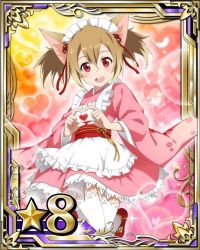 Rule 34 | 10s, 1girl, animal ears, apron, brown hair, card (medium), cat ears, eyebrows, hair between eyes, heart, looking at viewer, maid headdress, open mouth, red eyes, red ribbon, ribbon, short hair, silica, silica (sao-alo), solo, star (symbol), sword art online, thighhighs, white apron, white thighhighs