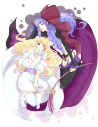 Rule 34 | belt, blonde hair, blue eyes, boots, cape, dress, dual persona, earrings, heart, highres, jewelry, long hair, macross, macross frontier, macross frontier: itsuwari no utahime, one eye closed, oretto (ring), purple hair, sheryl nome, single earring, thigh boots, thighhighs, wink
