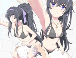 Rule 34 | 1girl, armpits, bags under eyes, bikini, black bikini, black hair, blue archive, blush, breasts, carrying, doodle sensei (blue archive), frown, hairband, halo, high ponytail, jewelry, long hair, medium breasts, navel, necklace, oka326miniru, open mouth, outstretched arm, pink nails, purple eyes, purple hairband, sensei (blue archive), shoulder carry, sweat, swimsuit, ui (blue archive), ui (swimsuit) (blue archive), very long hair