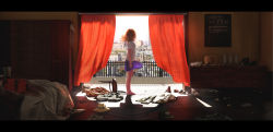 Rule 34 | 1girl, absurdres, bag, balcony, barefoot, bed, boots, brown hair, cabinet, cityscape, unworn clothes, commentary, curtains, dark, day, english commentary, facing away, faiz azhar, from side, hat, highres, indoors, letterboxed, medium hair, messy room, original, pot, purple skirt, railing, shadow, shirt, shoes, unworn shoes, skirt, solo, stool, white shirt