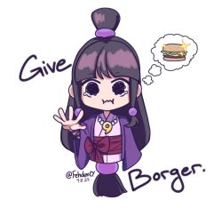 Rule 34 | 1girl, ace attorney, artist name, black hair, brown eyes, burger, commentary, dated, english commentary, english text, fehden, food, highres, jewelry, long hair, magatama, magatama necklace, maya fey, necklace, ponytail, simple background, solo, sparkle, tears, thought bubble, twitter username, white background