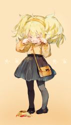 Rule 34 | 1girl, aged down, alternate costume, bag, black footwear, blonde hair, blouse, blush, crying, food, girls&#039; frontline, grey pantyhose, hair between eyes, hairband, highres, imoko (imonatsuki), loafers, long hair, messy hair, open mouth, orange hairband, orange shirt, pantyhose, rubbing eyes, s.a.t.8 (girls&#039; frontline), sepia, shirt, shoes, shoulder bag, sidelocks, simple background, skirt, solo, striped clothes, striped skirt, tears, twintails