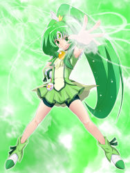 Rule 34 | 10s, 1girl, bike shorts, bike shorts under skirt, boots, choker, cure march, dress, green dress, green eyes, green hair, green shorts, green skirt, green theme, hand on own hip, high heels, hip focus, long hair, magical girl, matching hair/eyes, midorikawa nao, nouto, outstretched arm, ponytail, precure, shoes, shorts, shorts under skirt, skirt, smile, smile precure!, solo, standing, tiara, tri tails, very long hair, wind, wrist cuffs