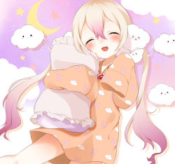 Rule 34 | &gt; &lt;, 10s, 1girl, :d, ^ ^, animal print, bad id, bad pixiv id, blonde hair, closed eyes, closed mouth, cloud, cloud print, crescent moon, frilled pillow, frills, hair between eyes, head tilt, highres, holding, holding pillow, long hair, mahou shoujo ikusei keikaku, mahou shoujo ikusei keikaku unmarked, moon, multicolored hair, nemurin, nemurin (mahoiku), nufucha, open mouth, pajamas, pillow, pink hair, print pajamas, rabbit print, silhouette, sleeves past wrists, smile, solid circle eyes, solo, star (symbol), twintails, two-tone hair, very long hair