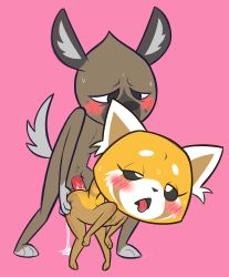 Rule 34 | 10s, 1girl, aggressive retsuko, animal ears, animal hands, artist name, ass grab, barefoot, bent over, black eyes, black sclera, blush, colored sclera, cum, cum in pussy, dated, erection, flat chest, full body, furry, haida (aggretsuko), half-closed eyes, hands on own knees, hetero, highres, hyena, interspecies, jobbythehong, nipples, nude, official style, open mouth, panda ears, penis, pigeon-toed, pink background, retsuko, sex, signature, simple background, standing, sweat, tail, tongue, tongue out, uncensored, uneven eyes, vaginal, white eyes