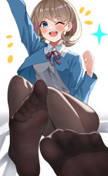 Rule 34 | 1girl, absurdres, artist request, blue eyes, blush, feet, foot focus, he c92, highres, love live!, love live! superstar!!, medium hair, one eye closed, open mouth, pantyhose, soles, solo, tang keke, toes, white background