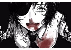 Rule 34 | 1girl, black hair, bleeding, blood, blood stain, chainsaw man, collared shirt, eyelashes, eyepatch, highres, himeno (chainsaw man), missing limb, necktie, nosebleed, one eye covered, ryo titor09, scared, shirt, short hair, solo, spitting, spitting blood, spoilers, sweat, white shirt