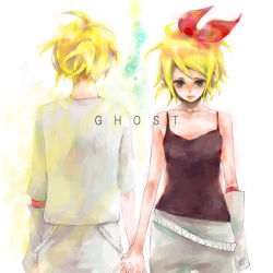 Rule 34 | 1boy, 1girl, aono nachi, aqua eyes, arms at sides, back, bad id, bad pixiv id, blonde hair, brother and sister, cowboy shot, gloves, hair ribbon, headphones, hetero, highres, holding hands, interlocked fingers, kagamine len, kagamine rin, ntk, ribbon, short hair, siblings, side-by-side, single glove, song name, twins, vocaloid, white background