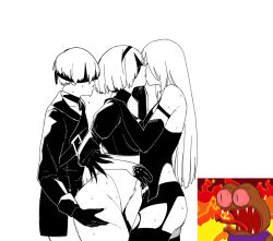 Rule 34 | 1boy, 2girls, bisexual female, blindfold, bob cut, breasts, covered eyes, french kiss, gloves, greyscale, hairband, highleg, highleg leotard, huqu, juliet sleeves, kiss, large breasts, leotard, long hair, long sleeves, monochrome, multiple girls, nier (series), nier:automata, parted lips, pepe the frog, pinching, puffy sleeves, short hair, simple background, standing, sweat, white background, 2b (nier:automata), 9s (nier:automata), a2 (nier:automata)