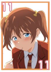Rule 34 | 1girl, absurdres, blue eyes, blush, bow, brown hair, closed mouth, commentary request, dated, food, food in mouth, hair bow, half-closed eyes, highres, jacket, konoe haruka, looking at viewer, love live!, love live! nijigasaki high school idol club, medium hair, necktie, november, outside border, pocky, pocky day, pocky in mouth, pointing, pointing at self, red jacket, school uniform, shirt, solo, striped necktie, twintails, white background, white shirt, zasshoku ojisan