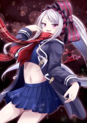 Rule 34 | 1girl, black bow, black jacket, blue skirt, bow, commission, cowboy shot, dated, fang, grey hair, gu-rahamu omega x, hair bow, highres, jacket, large bow, long hair, long sleeves, miniskirt, navel, necktie, open clothes, open jacket, overlord (maruyama), plaid, plaid scarf, pleated skirt, red background, red bow, red eyes, red necktie, red scarf, scarf, shalltear bloodfallen, shiny clothes, signature, skeb commission, skirt, smile, solo, stomach, striped, striped bow