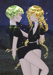 Rule 34 | 2others, androgynous, blonde hair, braid, broken, colored eyelashes, crack, crystal hair, face-to-face, gem uniform (houseki no kuni), green eyes, green hair, hand on another&#039;s hip, houseki no kuni, jtmpadn, long hair, looking at another, missing limb, multiple braids, multiple others, necktie, night, night sky, outdoors, peridot (houseki no kuni), shards, short hair, sky, smile, sphene (houseki no kuni), yellow eyes