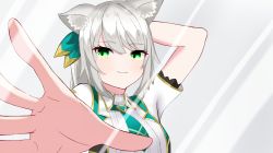 Rule 34 | &gt;:), 1girl, animal ear fluff, animal ears, arm behind head, bad id, bad twitter id, black vest, bow, cat ears, closed mouth, collared shirt, fourth wall, green bow, green eyes, green vest, grey background, hair between eyes, hair bow, hair ornament, highres, hizuki miu, kanelashi, light smile, looking at viewer, multicolored clothes, necktie, reaching, reaching towards viewer, shirt, side ponytail, smug, solo, v-shaped eyebrows, vest, virtual youtuber, wactor production, white hair, white shirt, window, wing collar