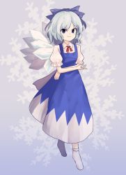 Rule 34 | &gt;:), 1girl, blue eyes, blue hair, bow, cirno, collared shirt, crossed arms, dress, hair bow, ice, ice wings, neck ribbon, puffy short sleeves, puffy sleeves, ribbon, rion (glayjirobass), shirt, short sleeves, smirk, snowflake background, solo, embodiment of scarlet devil, touhou, v-shaped eyebrows, wings