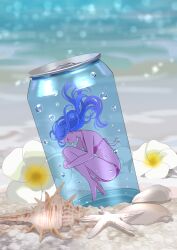 Rule 34 | 1girl, absurdres, air bubble, beach, bikini, blue hair, bubble, can, closed eyes, closed mouth, colored skin, day, fetal position, flower, highres, nap on a cloud, ocean, original, outdoors, pink skin, purple bikini, sand, seashell, shell, solo, submerged, swimsuit