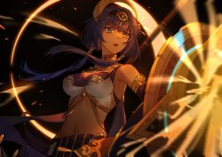 Rule 34 | 1girl, absurdres, bare shoulders, blue eyes, blurry, blurry background, blurry foreground, breasts, candace (genshin impact), cleavage, dark-skinned female, dark skin, detached sleeves, egyptian clothes, eye of horus, genshin impact, hair ornament, heterochromia, highres, holding, holding polearm, holding shield, holding weapon, jewelry, kotatsu kaya, lips, medium breasts, navel, open mouth, polearm, purple hair, shield, short hair with long locks, sidelocks, solo, spear, teeth, upper body, upper teeth only, weapon, yellow eyes