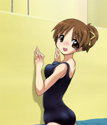Rule 34 | 00s, 1girl, ass, blush, breast press, breasts, brown eyes, brown hair, female focus, hair ribbon, hirasawa ui, k-on!, large breasts, one-piece swimsuit, ponytail, ribbon, school swimsuit, solo, swimsuit, yokoshima (euphoria)