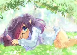 Rule 34 | 1girl, ;o, animal, warrior of light (ff14), black-framed eyewear, black cat, black hair, blue shorts, cat, commentary request, day, feet out of frame, final fantasy, final fantasy xiv, flower, glasses, green eyes, kou hiyoyo, long hair, long sleeves, lying, on grass, on side, one eye closed, original, outdoors, parted lips, pointy ears, semi-rimless eyewear, short sleeves, shorts, sleeves past wrists, solo, sweater, twintails, under-rim eyewear, white flower, white sweater