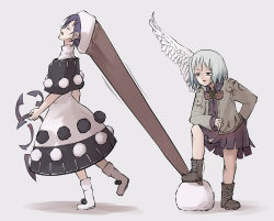 Rule 34 | 2girls, angel wings, beige jacket, black capelet, boots, bow, bowtie, brown footwear, capelet, cross-laced footwear, doremy sweet, dress, elbow rest, closed eyes, grey background, hand on own hip, hand on own knee, hat, highres, kishin sagume, long sleeves, looking to the side, multiple girls, open mouth, peroponesosu., pom pom (clothes), purple dress, purple hair, red eyes, red neckwear, santa hat, silver hair, simple background, single wing, touhou, white dress, wings