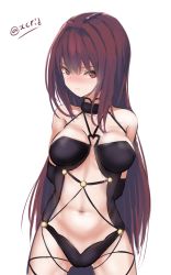 Rule 34 | 1girl, adapted costume, blush, breasts, fate/grand order, fate (series), highres, i.f.s.f, long hair, midriff, navel, purple hair, red eyes, scathach (fate), scathach (fate), solo