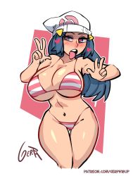 Rule 34 | 1girl, alternate breast size, belly, bikini, blue eyes, blue hair, blush, breasts, cleavage, creatures (company), curvy, dawn (pokemon), eyebrows, female focus, game freak, gerph, hat, heart, heart-shaped pupils, highres, large breasts, long hair, matching hair/eyes, nintendo, open mouth, pokemon, pokemon dppt, shiny skin, solo, stomach, swimsuit, symbol-shaped pupils, tongue, tongue out, v, very long hair