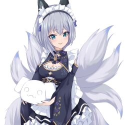 Rule 34 | 1girl, animal ear fluff, animal ears, apron, blue bow, blue eyes, blue nails, bow, breasts, cleavage, cleavage cutout, clothing cutout, cowboy shot, dot nose, dress, eyeliner, fang, fox ears, fox girl, fox tail, frilled dress, frills, grey hair, hair between eyes, highres, holding, horibito, inari iroha, light blush, looking at viewer, maid, maid apron, maid headdress, medium breasts, medium hair, multiple tails, noripro, open mouth, red eyeliner, shoulder cutout, simple background, skin fang, smile, solo, tail, virtual youtuber, wa maid, white background, wide sleeves