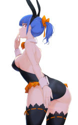 Rule 34 | 1girl, animal ears, arm behind back, ass, back, bare arms, bare back, bare shoulders, black leotard, black thighhighs, blue hair, blunt bangs, blush, bow, bowtie, breasts, closed mouth, covering privates, covering ass, detached collar, fake animal ears, female focus, finger to mouth, frilled leotard, frills, from behind, hand up, highres, leaning, leaning forward, leotard, looking back, maeda risou, medium breasts, neck, orange bow, orange bowtie, original, playboy bunny, ponytail, rabbit ears, rabbit girl, red eyes, short hair, sideboob, simple background, solo, standing, strapless, strapless leotard, thighhighs, white background, wrist cuffs