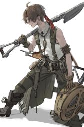 Rule 34 | 1boy, absurdres, ahoge, armband, bare shoulders, belt, boots, brown gloves, brown hair, checkered clothes, cross scar, dripping, facial scar, flashbang, freng, gloves, grey eyes, grey footwear, gun, headband, highres, holding, jewelry, male focus, necklace, object request, open mouth, original, over shoulder, overalls, pouch, red headband, scar, scar on cheek, scar on face, simple background, solo, sweat, torn, torn clothes, weapon, white background