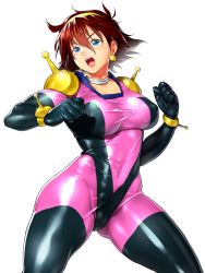 Rule 34 | 1girl, blue eyes, bodysuit, breasts, brown hair, cameltoe, earrings, covered erect nipples, fighting stance, g gundam, gundam, jewelry, mobile trace suit, onsoku inu, rain mikamura, simple background, skin tight, solo, thighs, white background