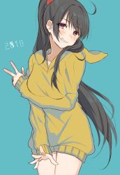 Rule 34 | 1girl, 2018, ahoge, blue background, blush, chisumi, cowboy shot, dress, grin, hair intakes, long hair, long sleeves, looking at viewer, original, ponytail, purple eyes, simple background, smile, solo, standing, sweater, sweater dress, very long hair, white background, yellow sweater