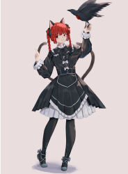 Rule 34 | 1girl, absurdres, animal ears, bird, black bow, black bowtie, black dress, black thighhighs, bow, bowtie, braid, cat ears, cat tail, closed mouth, commentary, dress, english commentary, full body, greyscale, highres, kaenbyou rin, long sleeves, looking at viewer, monochrome, multiple tails, red eyes, red hair, reiuji utsuho, reiuji utsuho (bird), side braids, smile, solo, tail, thighhighs, touhou, twin braids, two tails, vanilla flan