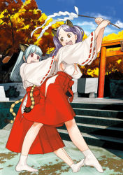 Rule 34 | 2girls, adapted uniform, animal ears, blue hair, blunt bangs, bow, breasts, brown eyes, covered erect nipples, fuwa daisuke, gohei, hime cut, japanese clothes, kimono, long hair, medium breasts, miko, multiple girls, open mouth, original, purple hair, red eyes, sideboob, smile, socks, tabi, tail, torii, twintails