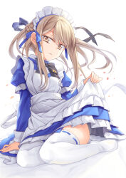 Rule 34 | 1girl, apron, black ribbon, blue dress, bow, brown eyes, dress, frilled apron, frills, hair ribbon, highres, ina (inadahime), juliet sleeves, long hair, long sleeves, looking at viewer, maid, maid headdress, no shoes, original, parted lips, puffy sleeves, ribbon, ribbon-trimmed legwear, ribbon trim, sidelocks, sitting, solo, thighhighs, white apron, white background, white thighhighs