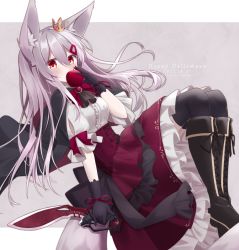 Rule 34 | 1girl, animal ear fluff, animal ears, apple, black cape, black footwear, black thighhighs, blush, boots, cape, center frills, commentary request, covered mouth, cross-laced footwear, crown, dagger, dated, food, frilled skirt, frills, fruit, grey background, grey hair, hair between eyes, hair ornament, hairclip, halloween, happy halloween, highres, holding, holding dagger, holding food, holding fruit, holding knife, holding weapon, knee boots, knife, lace-up boots, long hair, looking at viewer, mini crown, original, purple skirt, red apple, red eyes, shirt, simple background, skirt, solo, surume aburi, tail, thighhighs, thighhighs under boots, two-tone background, very long hair, weapon, white background, white shirt