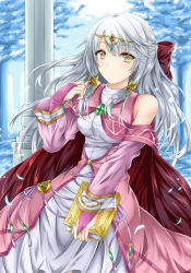 Rule 34 | 1girl, bare shoulders, blurry, book, bow, bridal gauntlets, cape, circlet, corset, depth of field, detached sleeves, dress, fire emblem, fire emblem: radiant dawn, hair bow, holding, holding book, kei (asufend), long hair, long sleeves, micaiah (fire emblem), nintendo, outdoors, red cape, silver hair, smile, snow, solo, turtleneck, turtleneck dress, white dress, wide sleeves, yellow eyes