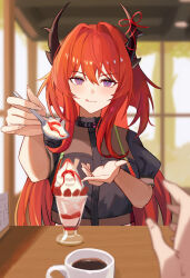 1girl :3 :q alternate_costume arknights blurry blurry_background blurry_foreground closed_mouth commentary cup demon_girl dummyeq facing_viewer food fruit hair_between_eyes highres holding holding_spoon horns ice_cream indoors light_blush looking_at_viewer outstretched_arms parfait pov purple_eyes red_hair short_sleeves smile spoon strawberry strawberry_parfait surtr_(arknights) table tongue tongue_out upper_body whipped_cream