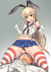 Rule 34 | 1boy, 1girl, admiral (kancolle), anchor, anchor hair ornament, anus, anus peek, ass, bare shoulders, black hairband, black neckerchief, black panties, blonde hair, blue skirt, blush, bosshi, breasts, cleft of venus, commentary request, commission, crop top, elbow gloves, epaulettes, gloves, gradient background, green eyes, hair ornament, hairband, hetero, highleg, highleg panties, highres, kantai collection, long hair, microskirt, military, military uniform, miniskirt, naval uniform, navel, neckerchief, open mouth, own hands together, panties, pixiv commission, pleated skirt, sailor collar, school uniform, serafuku, sexually suggestive, shimakaze (kancolle), sitting, sitting on face, sitting on person, skirt, small breasts, spread legs, steam, steaming body, striped clothes, striped thighhighs, sweat, thighhighs, thighs, thong, underwear, uniform, upskirt, white gloves