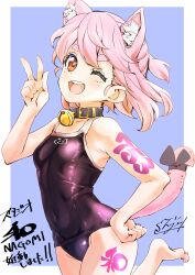 Rule 34 | 1girl, absurdres, animal ears, bare shoulders, barefoot, bell, black ribbon, blue background, body writing, border, breasts, cat ears, cat girl, cat tail, collar, extra ears, floating hair, fluff, fujimoto satoru, hair between eyes, hand on own hip, hand up, highres, leg up, long hair, neck bell, one eye closed, original, pink hair, red eyes, ribbon, round teeth, school swimsuit, short hair, signature, small breasts, solo, swimsuit, tail, tail ornament, tail ribbon, teeth, upper teeth only, very long hair, white border