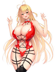 Rule 34 | 1girl, antenna hair, belt, between breasts, blonde hair, blush, bow, breasts, cevio, cleavage, detached collar, green eyes, hair ornament, huge breasts, long hair, looking at viewer, open mouth, pochadon, skindentation, solo, thighhighs, thighs, tsurumaki maki, very long hair, voiceroid