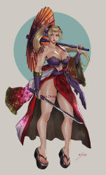 Rule 34 | 1girl, bare shoulders, blonde hair, blue eyes, breasts, bridal gauntlets, cleavage, closed mouth, hair ornament, high ponytail, highres, holding, holding sword, holding umbrella, holding weapon, japanese clothes, kimono, large breasts, leg tattoo, long hair, namco, navel, obi, off shoulder, oil-paper umbrella, okobo, sandals, sash, setsuka, shoulder tattoo, soffa, soul calibur, soulcalibur, soulcalibur iv, sword, tattoo, thighs, toes, umbrella, weapon, white background, wide sleeves