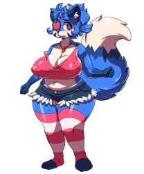 Rule 34 | 1girl, animal ears, bare shoulders, blue skin, breasts, cleavage, colored skin, covered erect nipples, curvy, eyelashes, eyepatch, fabianoferreira, female focus, fox ears, fox girl, fox tail, full body, furry, furry female, heart, heart eyepatch, highres, hotpants, huge breasts, jewelry, large breasts, lazuli (doggod.va), looking at viewer, looking to the side, midriff, multicolored skin, navel, necklace, open mouth, original, pink shirt, plump, purple eyes, shiny clothes, shiny skin, shirt, short hair, short shorts, shorts, simple background, solo, standing, striped clothes, striped thighhighs, tail, thick thighs, thighhighs, thighs, torn clothes, torn shorts, transparent background, two-tone skin, wide hips