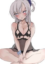 Rule 34 | 1girl, babydoll, black babydoll, black panties, breasts, chigasaki yukari, commentary request, grey eyes, highres, indian style, kantai collection, long hair, looking at viewer, medium breasts, one side up, panties, silver hair, simple background, sitting, solo, suzutsuki (kancolle), underwear, white background