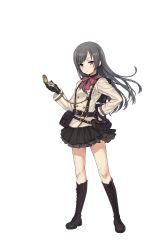 Rule 34 | 1girl, backpack, bag, belt, black footwear, black gloves, black skirt, boots, bow, cross-laced footwear, full body, gloves, grey hair, hand on own hip, highres, knee boots, lace-up boots, long hair, looking at viewer, official art, pouch, princess principal, princess principal game of mission, purple eyes, red bow, skirt, solo, sophie mackenzie, standing, suspenders, transparent background, watch